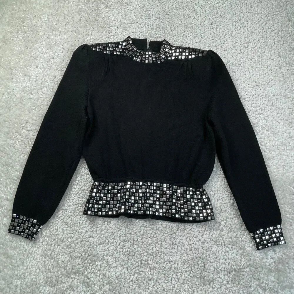 St. John Black Stud Embellished Sweater Cinched Waist Back Zipper Womens 4